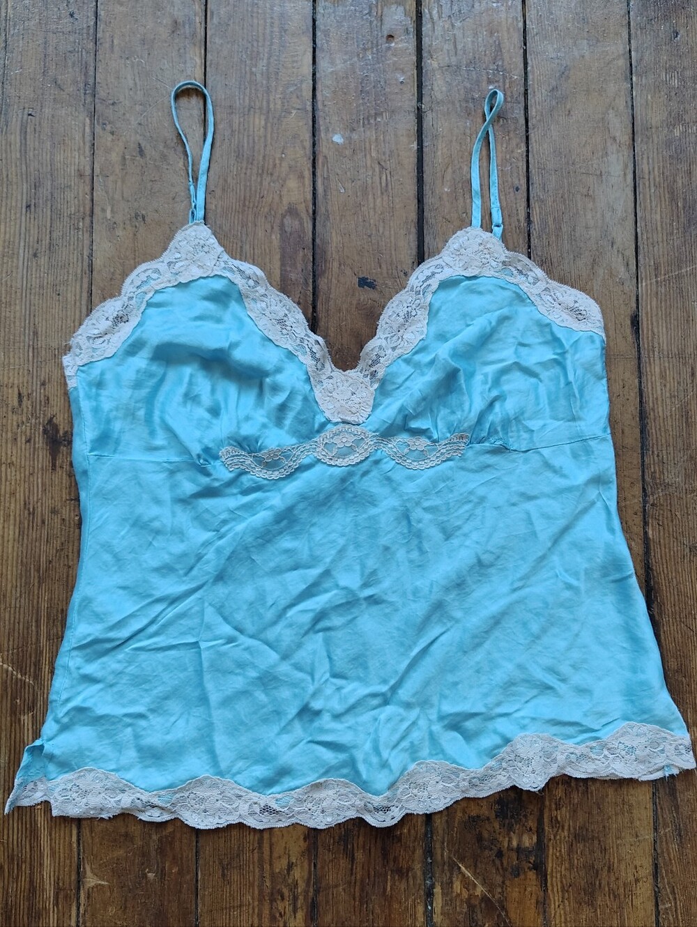 Y2k Vintage Babydoll Silk Camisole Top Turquoise Blue Lace Trim Large Fairy Tank